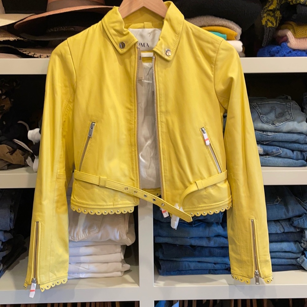 Yellow cropped leather jacket- xs